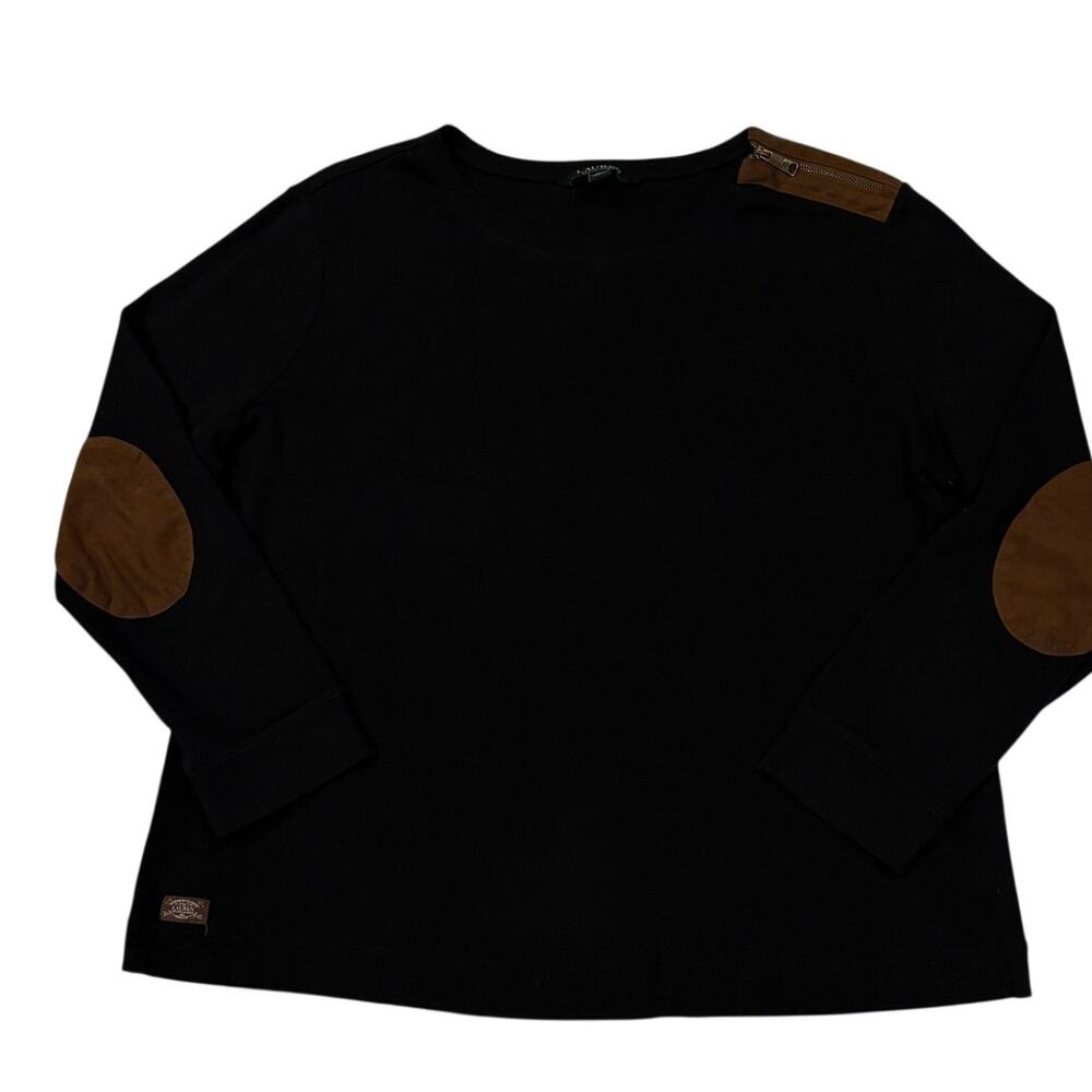 Lauren Ralph Lauren Black Long Sleeve Top with Brown Elbow Patches